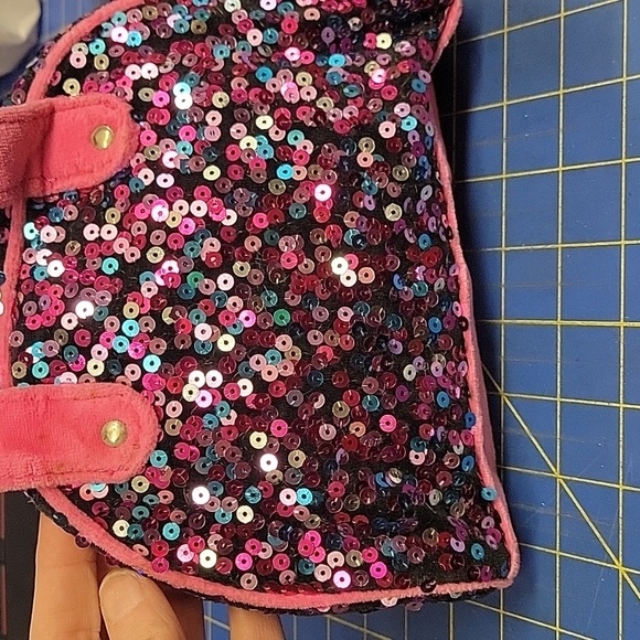 Justice Shimmering Mini Velvety 8" x 4" x 6" Bag Pink Straps Sequins Initial K - Picture 6 of 11